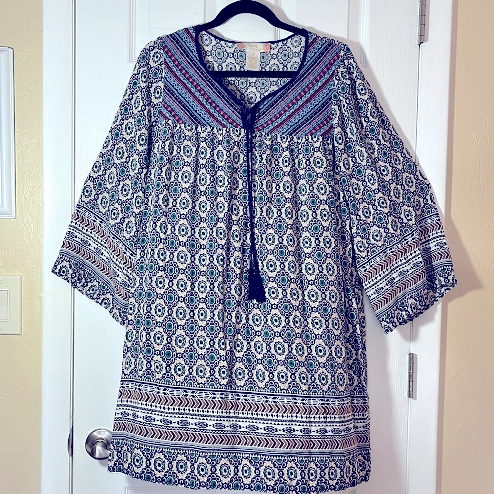 Flying tomato peasant dress Boho paisley tassels bell sleeve midi blue red 1X
